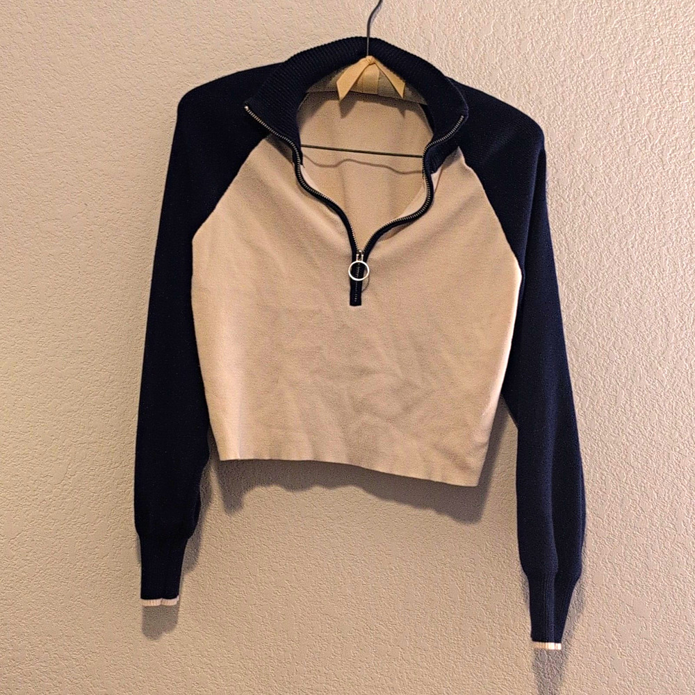 Women’s Knit 1/2 Zip Mock Neck Pullover Sweater Beige/Navy Solid Raglan LS